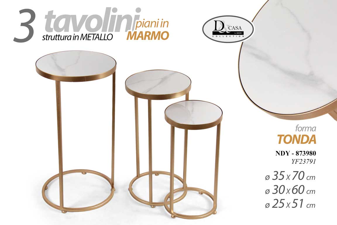 8025569873980 SET 3 TAVOLINI TONDI ROTONDI METALLO ORO COLONNINE TAVOLO PIANI MARMO H70/60/51 - immagine 1