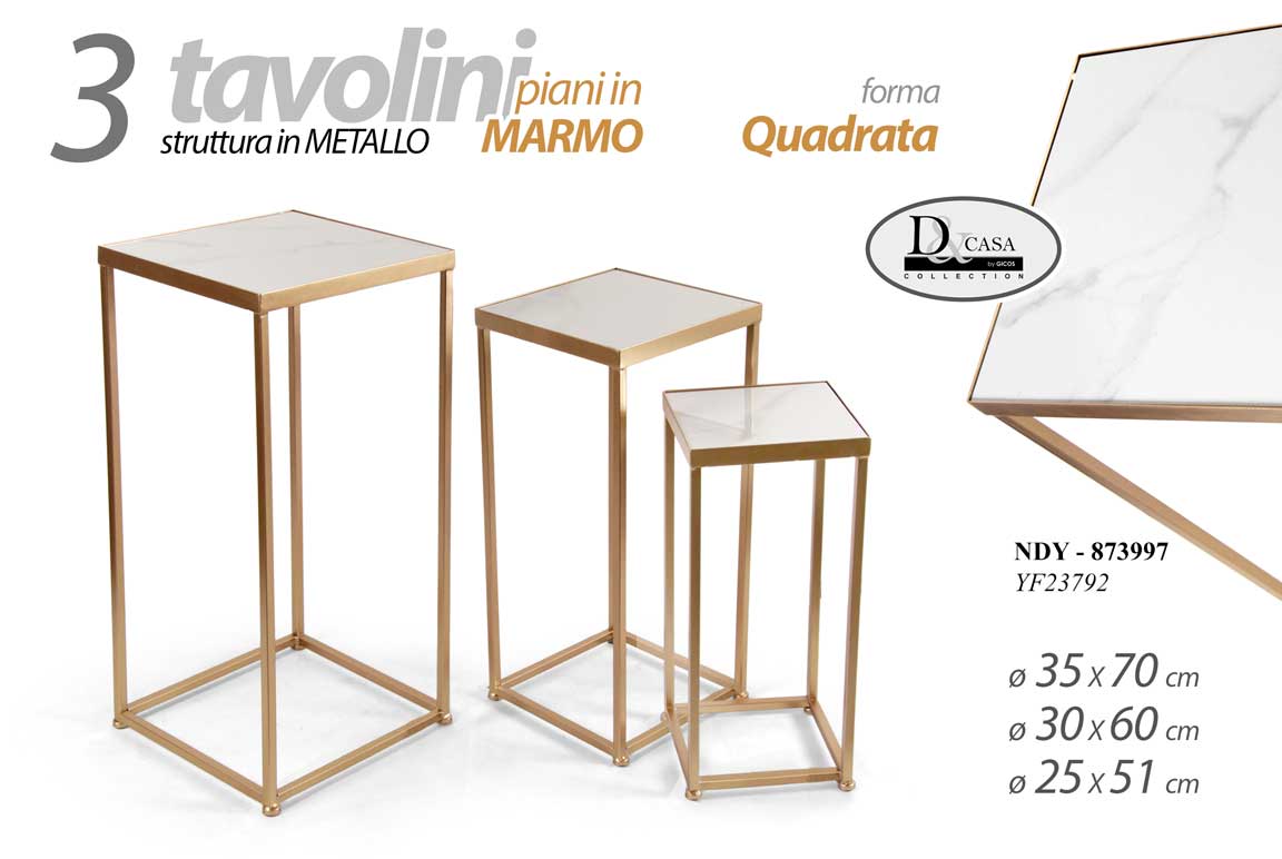 8025569873997 SET 3 TAVOLINI QUADRATI METALLO ORO COLONNINE TAVOLO PIANI MARMO H70/60/51 cm - immagine 1