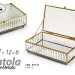 PORTAGIOIE VETRO RIGHE E METALLO ORO SCATOLA VINTAGE ART DECO SPECCHIO 21*12*6CM