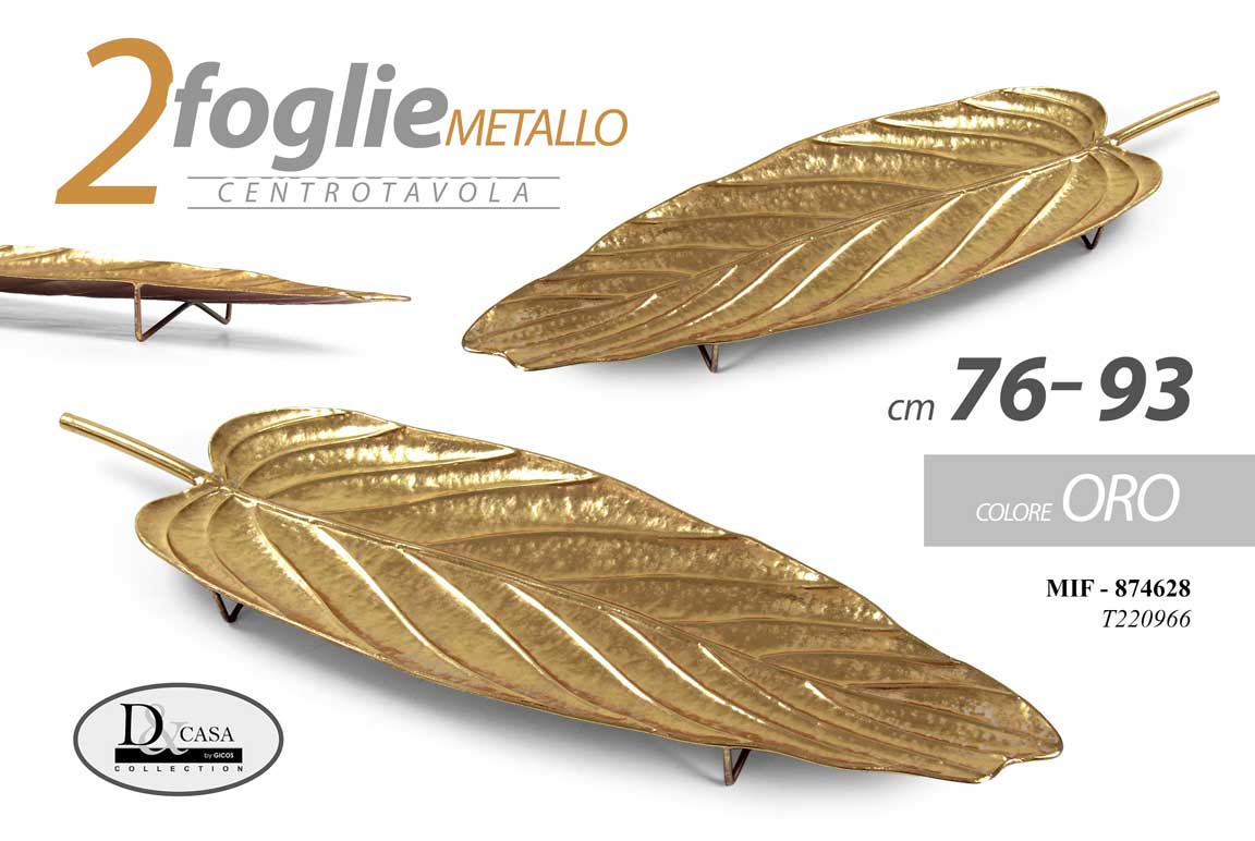 8025569874628 2 PZ FOGLIA CENTROTAVOLA VASSOIO METALLO COLOR ORO CLASSICO MODERNO 93/76 cm - immagine 1