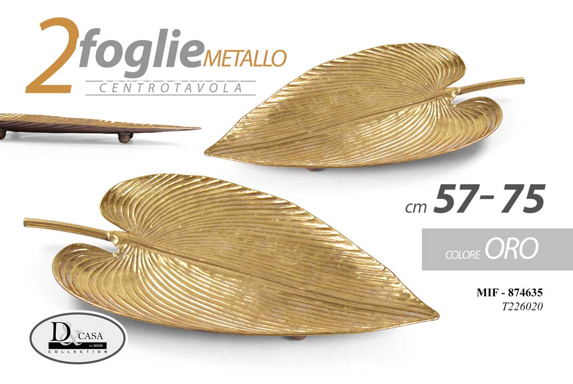 8025569874635 2 PZ FOGLIA CENTROTAVOLA VASSOIO METALLO COLOR ORO CLASSICO MODERNO 73/57 cm - immagine 1
