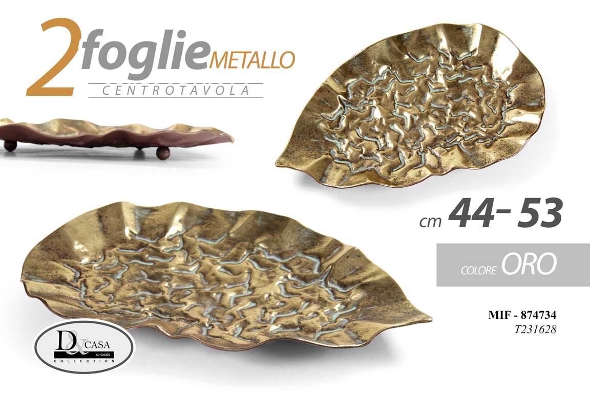 8025569874734 2 PZ FOGLIA CENTROTAVOLA VASSOIO METALLO COL ORO BRONZO CLASSICO MODERNO 44/53cm - immagine 1