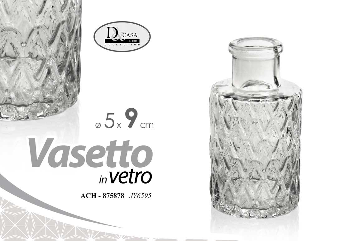 8025569875878 VASO VASETTO BOTTIGLIA VETRO TRASPARENTE SEGNAPOSTO TAVOLA TONDA FIORI 9*5 cm - immagine 1