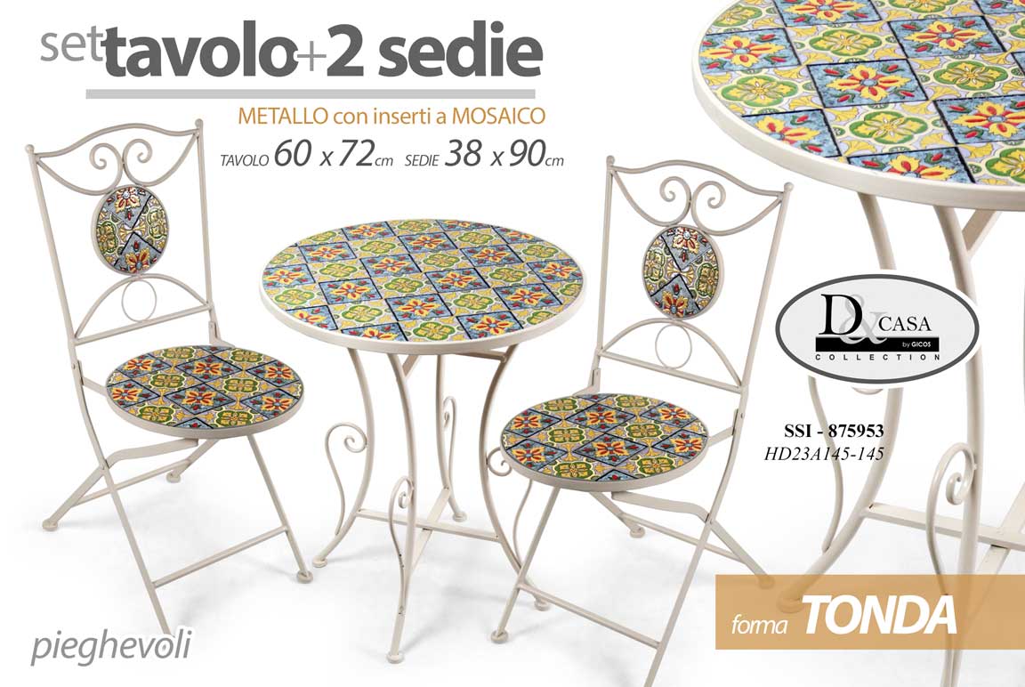 8025569875953 TAVOLO TONDO + 2 SEDIE METALLO PIEGHEVOLE GIARDINO TERRAZZO VERANDA MOSAIC 72*60 - immagine 1