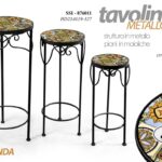3 TAVOLINI COMODINO COLONNE PORTA PIANTA METALLO NERO PIANO MAIOLIC 70-60-50 cm