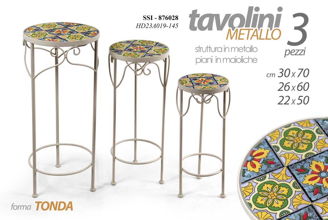 8025569876028 3 TAVOLI TAVOLINO TOP MAIOLICHE MEDITERRANEO TONDO METALLO BIANCO h70-60-50 cm - immagine 1