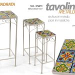 3 TAVOLINI COMODINO COLONNE PORTA PIANTA METALLO BIANCO PIANO MAIOLIC 70-60-50cm
