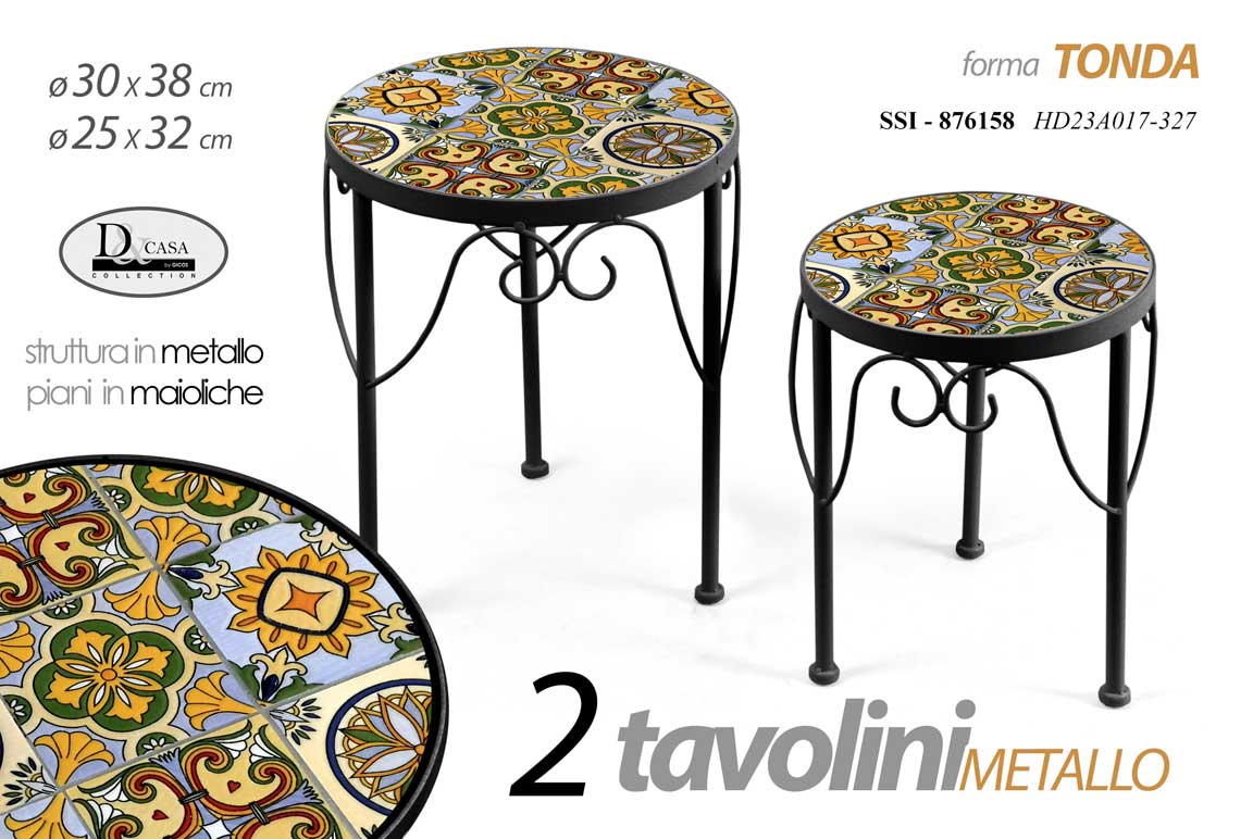 8025569876158 SET 2 TAVOLO TAVOLINO TOP MAIOLICHE MEDITERRANEO TONDO METALLO NERO H 38-32CM - immagine 1