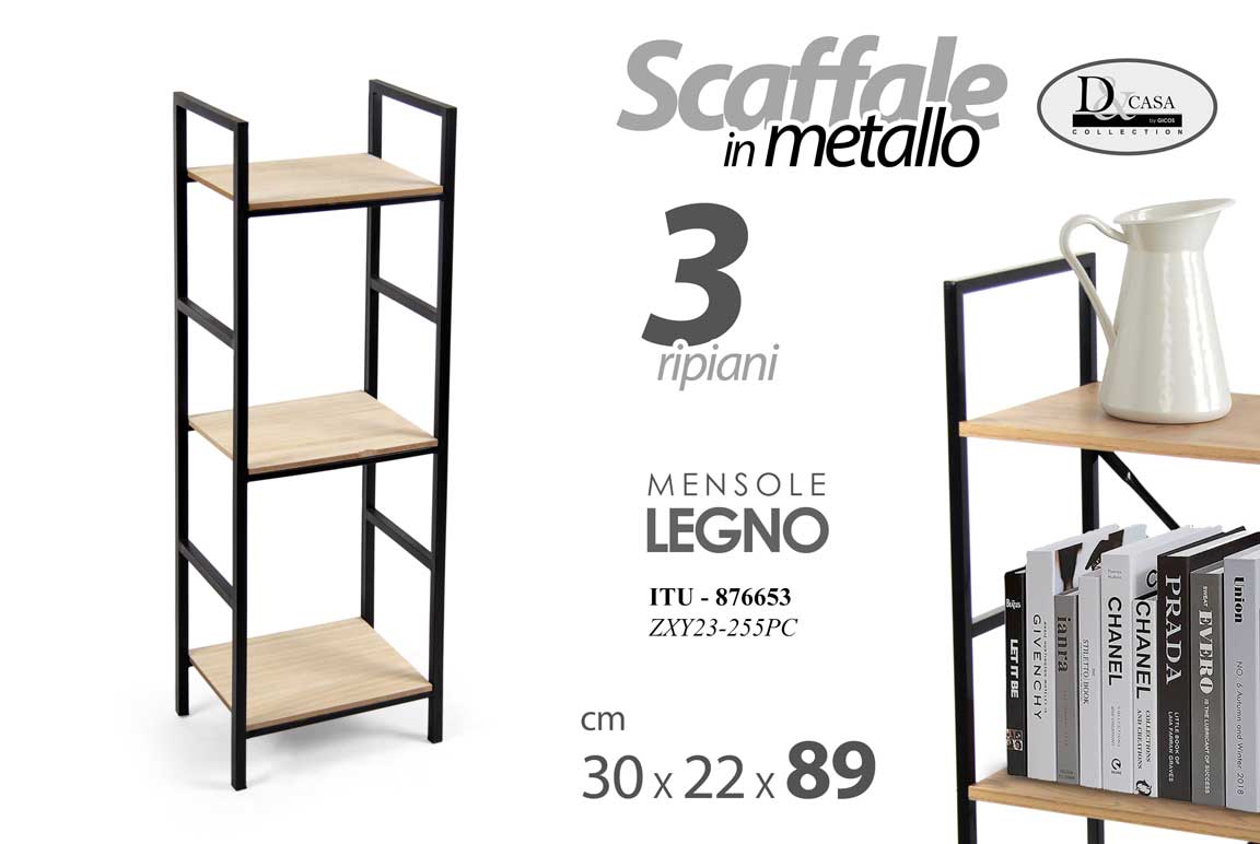 8025569876653 LIBRERIA SCAFFALE METALLO 3 RIPIANI MENSOLE LEGNO MODERNO INDUSTRIALE h89*30*22 - immagine 1