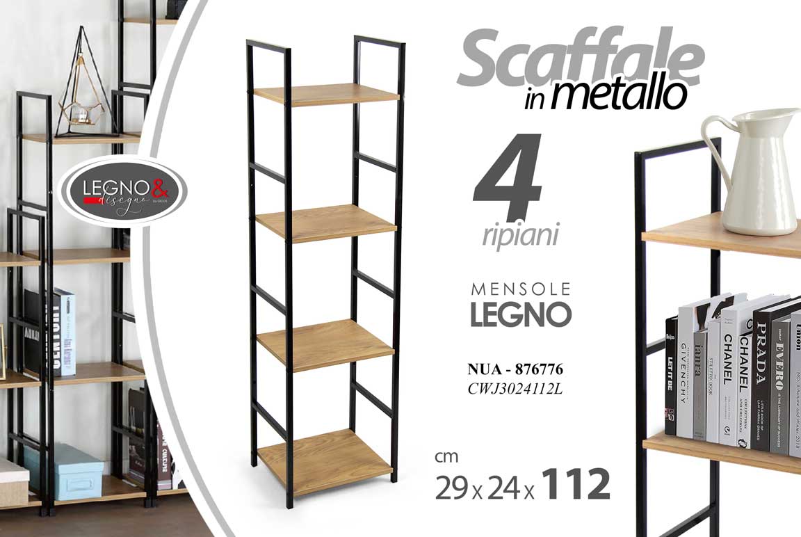 8025569876776 SCAFFALE LIBRERIA COLONNA SALVASPAZIO METALLO NERO 4 RIPIANI LEGNO H112*L29*P24 - immagine 1