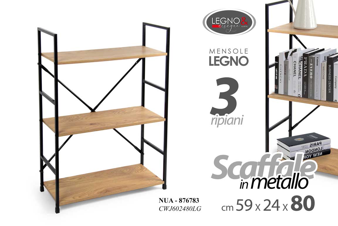 8025569876783 SCAFFALE LIBRERIA SALVASPAZIO METALLO NERO 3 RIPIANI MENSOLE LEGNO H80*L59*P24cm - immagine 1