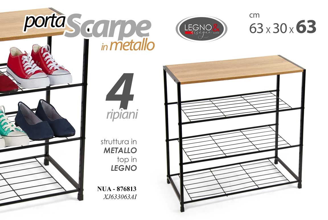 8025569876813 SCAFFALE PORTA SCARPE METALLO LEGNO NERO SCARPIERA TERRA RIPIANI H63*30*63CM - immagine 1