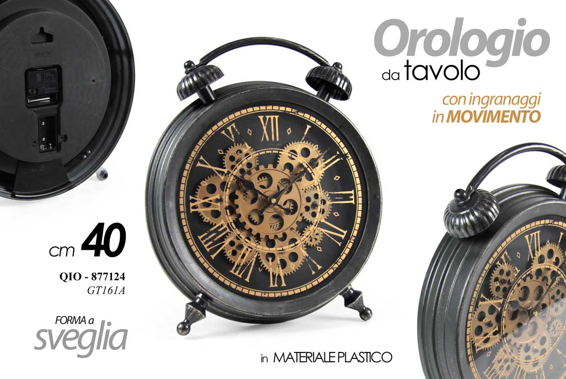 8025569877124 OROLOGIO DA TAVOLO FORMA SVEGLIA INGRANAGGI MOVIMENTO NERO MODERNO VINTAGE 40cm - immagine 1