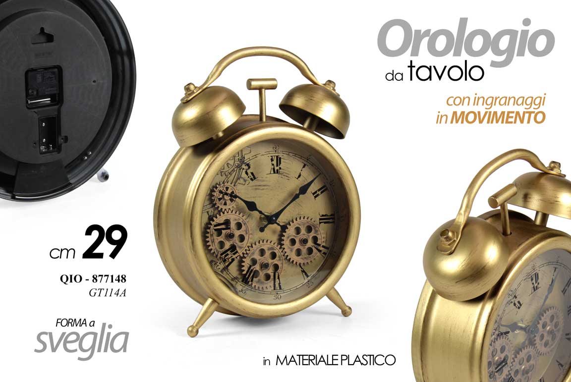 8025569877148 OROLOGIO DA TAVOLO FORMA SVEGLIA INGRANAGGI MOVIMENTO C ORO MODERNO VINTAGE 29cm - immagine 1