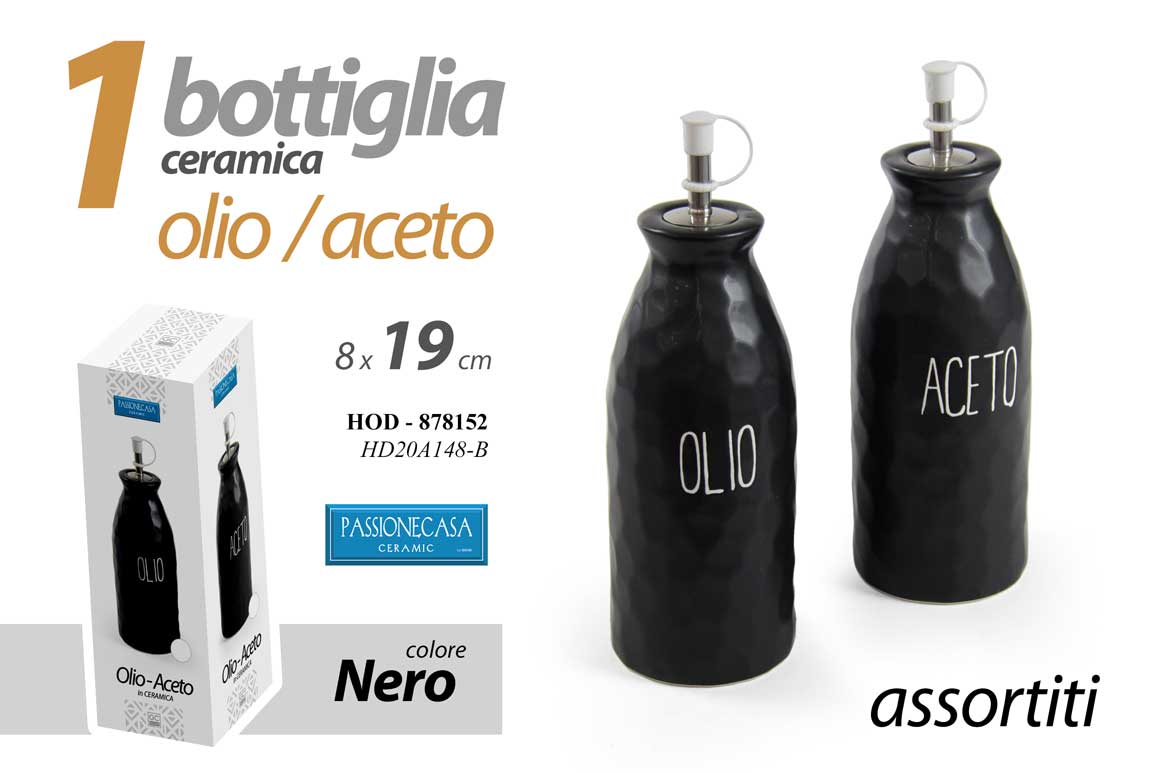 8025569878152 BOTTIGLIA OLIO O ACETO ASSORTITI CERAMICA NERA Oliera Acetiera Dosatore 19 cm - immagine 1