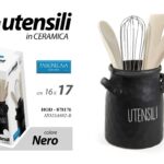 CONTENITORE PORTA MESTOLI DA TAVOLO + UTENSILI POSATE CERAMICA NERO 17 cm