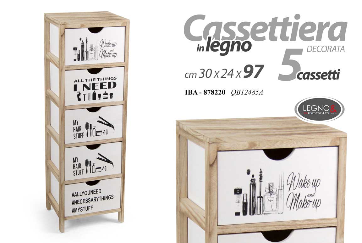 8025569878220 CASSETTIERA 5 CASSETTI SLIM SALVASPAZIO LEGNO NATURALE BIANCA MARRONE 97*30*24cm - immagine 1