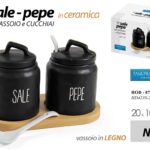 SET SALE PEPE CONTENITORI BARATTOLI CERAMICA NERO VASSOIO LEGNO MODERNO 20*10