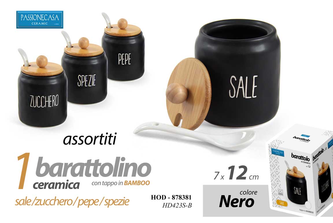 8025569878381 BARATTOLI SET DA 4 SALE ZUCCHERO PEPE SPEZIE CUCCHIAIO CERAMICA NERA h 12 cm - immagine 1
