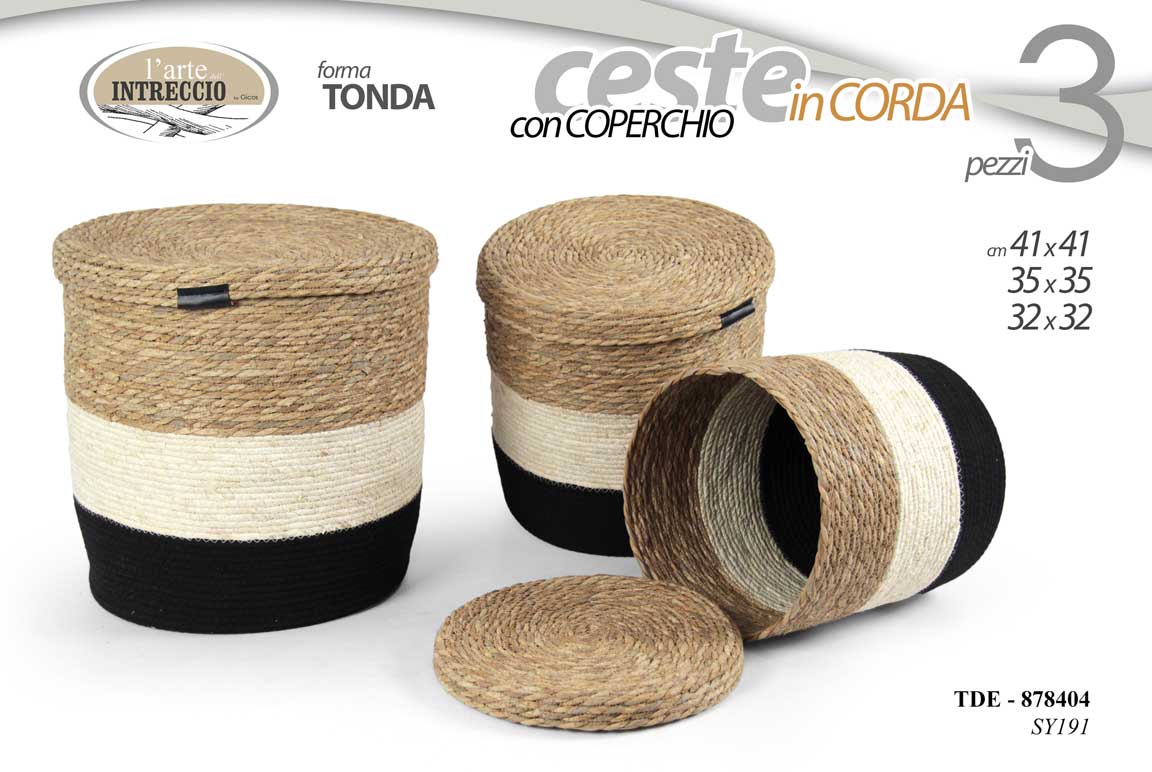 8025569878404 SET 3 CESTE CON COPERCHIO SALOTTO CUCINA BAGNO ARREDO INTRECCIO 41/35/32 CM - immagine 1