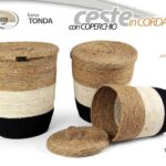 3 CESTE TONDE CON COPERCHIO CESTA ACCESSORI CUCINA BAGNO CORDA NATURAL 49/45/40