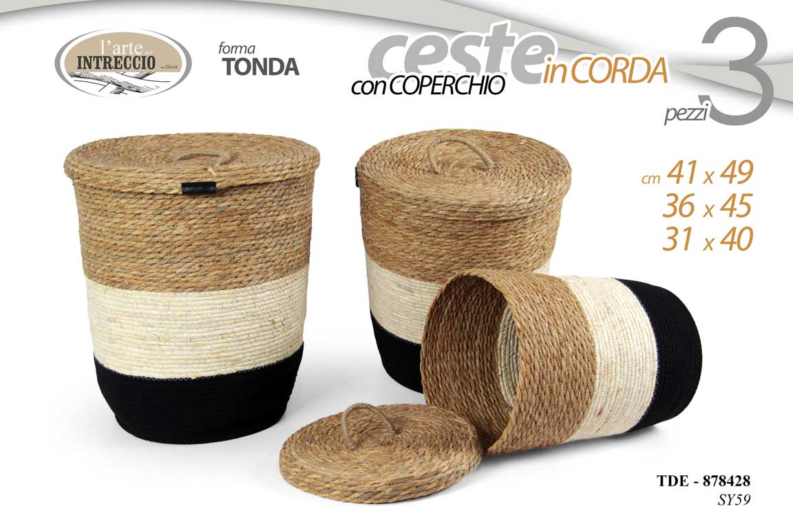 8025569878428 3 CESTE TONDE CON COPERCHIO CESTA ACCESSORI CUCINA BAGNO CORDA NATURAL 49/45/40 - immagine 1