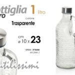 BOTTIGLIA VETRO TRASPARENTE MANICO TAPPO ACCIAIO ACQUA BEVANDE CASA 1 LITRO 23cm