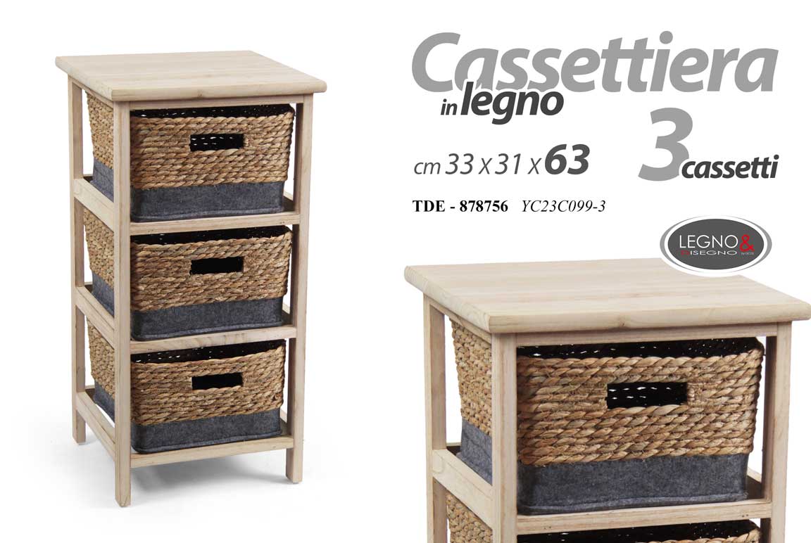 8025569878756 CASSETTIERA VIMINI SLIM SALVASPAZIO 3 CASSETTI COMODINO LEGNO MARRONE 63*33*31cm - immagine 1