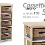 CASSETTIERA SLIM SALVASPAZIO 5 CASSETTI VIMINI MOBILETTO LEGNO 103*33*31 cm