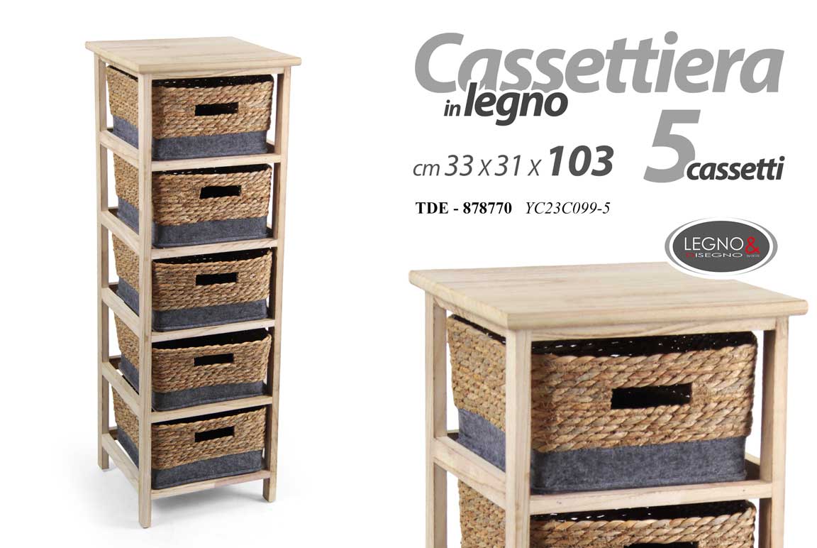 8025569878770 CASSETTIERA SLIM SALVASPAZIO 5 CASSETTI VIMINI MOBILETTO LEGNO 103*33*31 cm - immagine 1