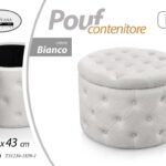 POUF CONTENITORE VELLUTO BIANCO TRAPUNTATO POUFF ROTONDO TONDO LEGNO 60*H43cm