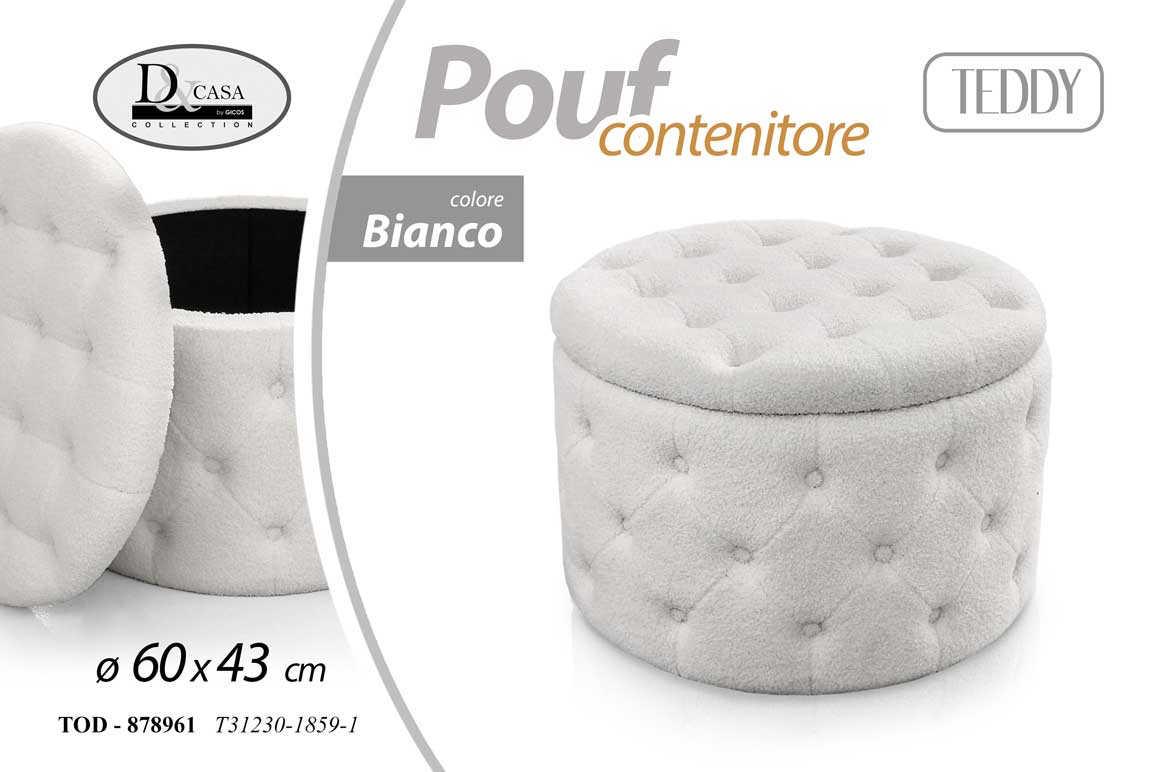 8025569878961 POUF CONTENITORE VELLUTO BIANCO TRAPUNTATO POUFF ROTONDO TONDO LEGNO 60*H43cm - immagine 1