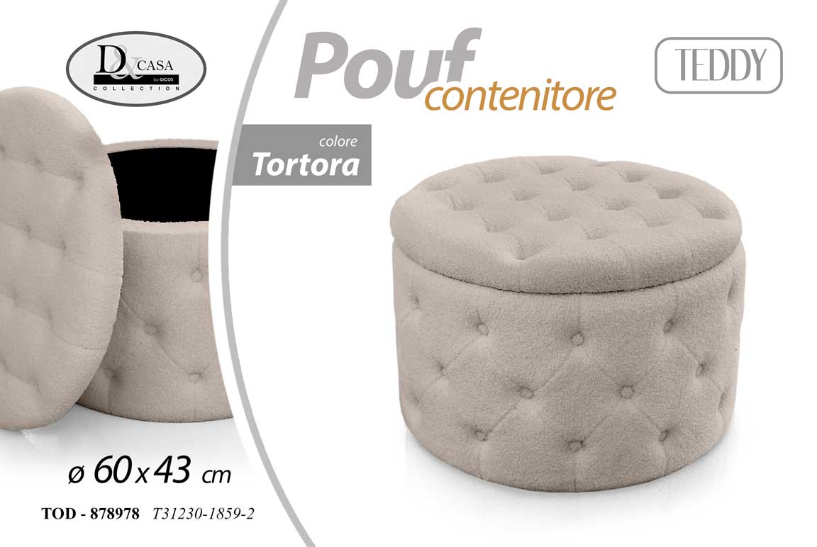 8025569878978 POUF CONTENITORE VELLUTO TORTORA TRAPUNTATO POUFF ROTONDO TONDO LEGNO 60*h43cm - immagine 1