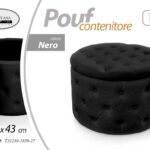 POUF CONTENITORE VELLUTO NERO TRAPUNTATO POUFF ROTONDO TONDO LEGNO 60*H42