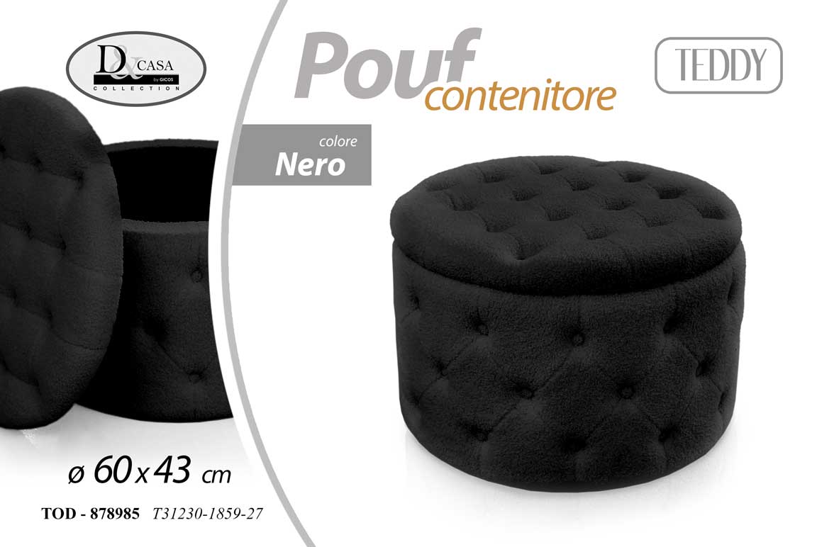 8025569878985 POUF CONTENITORE VELLUTO NERO TRAPUNTATO POUFF ROTONDO TONDO LEGNO 60*H42 - immagine 1