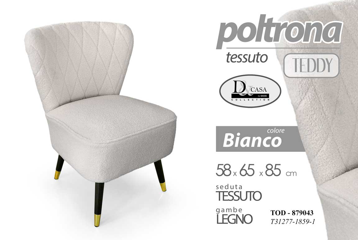 8025569879043 POLTRONA SEDUTA TESSUTO SEDIA GAMBE LEGNO MODERNO CLASSICA BIANCO 85*58*65 cm - immagine 1