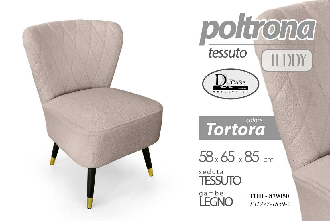 8025569879050 POLTRONA SEDUTA TESSUTO SEDIA GAMBE LEGNO MODERNO CLASSICA TORTORA 85*58*65 cm - immagine 1