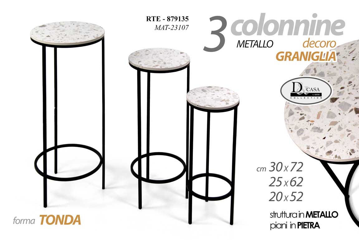 8025569879135 SET 3 COLONNINE TONDE METALLO NERO TAVOLINO PIANO BIANCO PIETRA 72/62/52cm - immagine 1