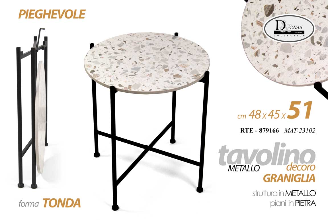 8025569879166 TAVOLINO PIEGHEVOLE SALVASPAZIO TONDO METALLO NERO TAVOLO PIANO BIANCO PIET 51cm - immagine 1