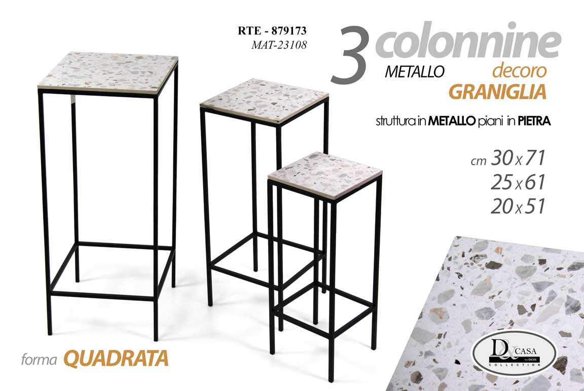 8025569879173 SET 3 COLONNINE QUADRATE IN METALLO NERO TAVOLINO PIANO BIANCO PIETRA 71/61/51cm - immagine 1