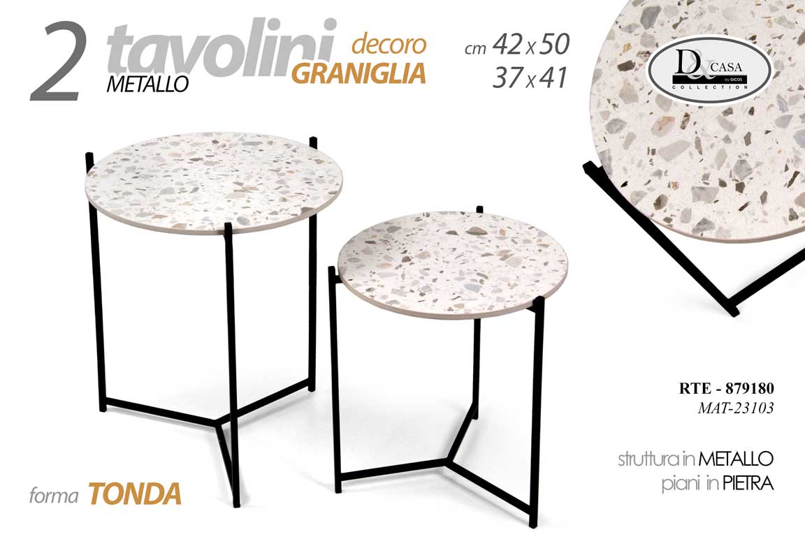 8025569879180 SET 2 TAVOLINI TONDI METALLO NERO TAVOLO TONDO PIANI BIANCO PIETRA H 50/41 cm - immagine 1