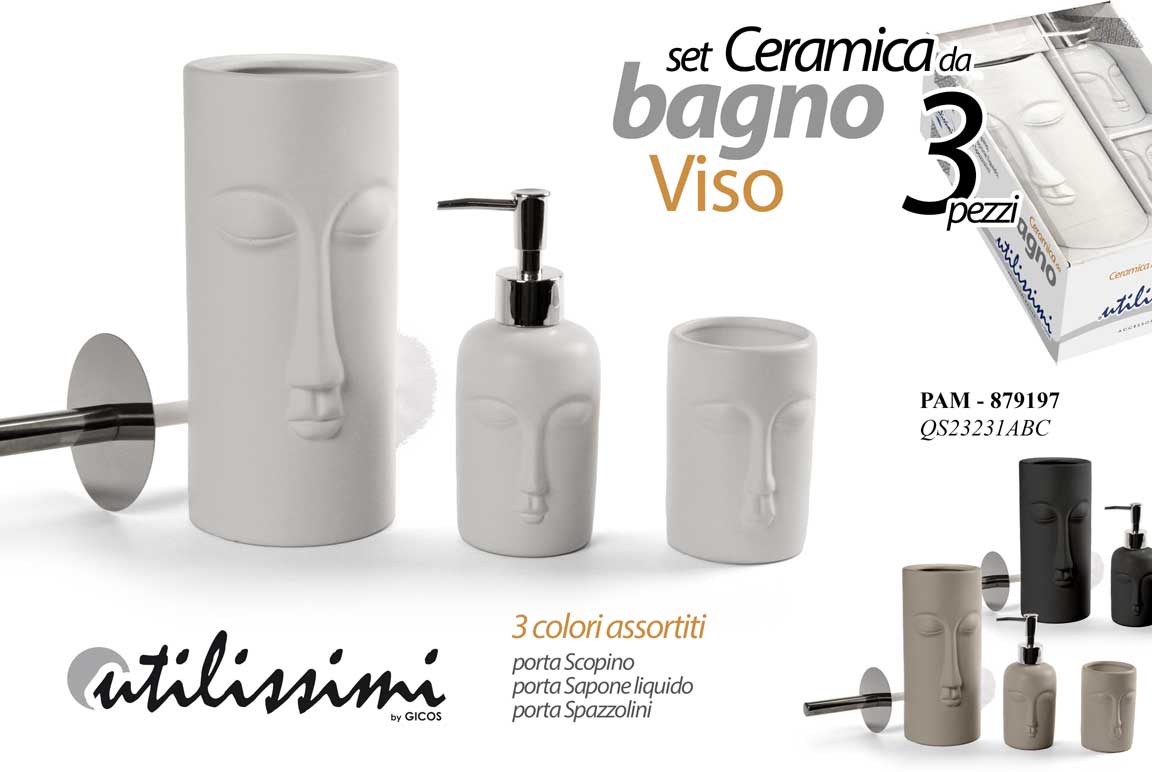 8025569879197 SET Portascopino DISPENSER SAPONE BICCHIERE ACCESSORI Bagno CERAMICA VISO 30 cm - immagine 1