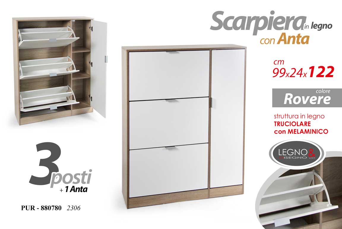 8025569880780 SCARPIERA BASSA ARMADIO SLIM SALVASPAZIO LEGNO MODERNA BIANCO MARRONE 122*99*24 - immagine 1