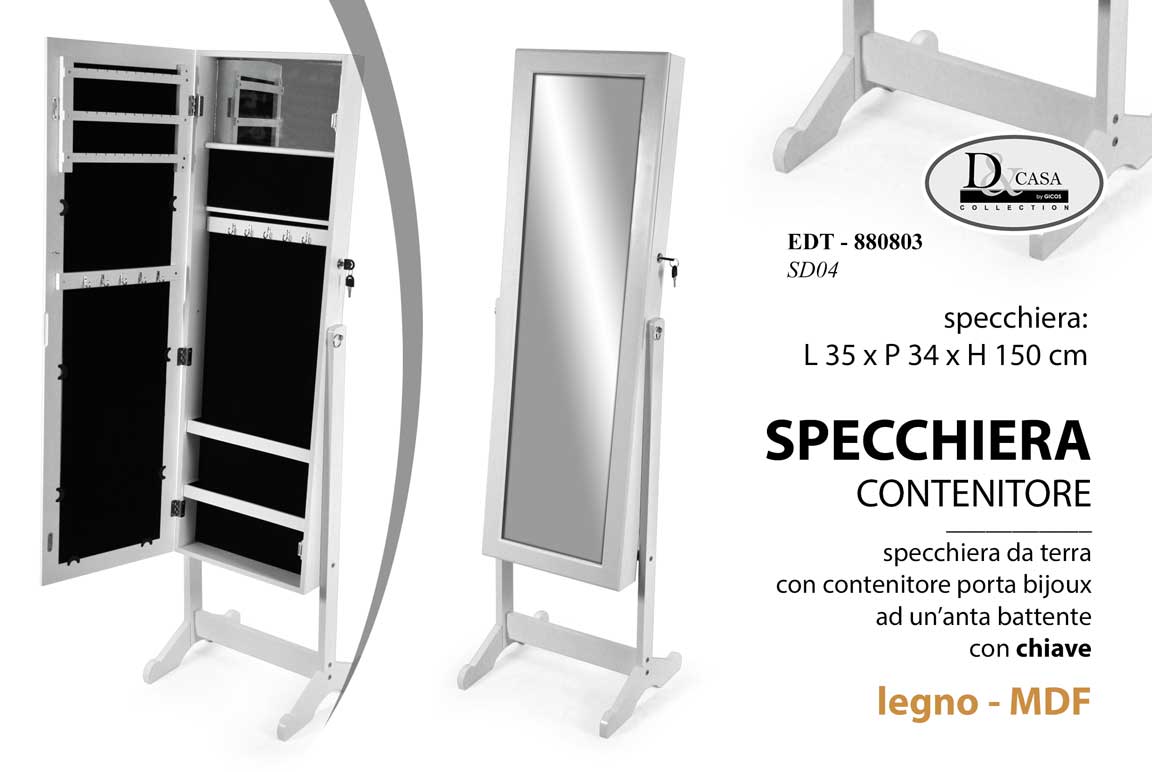 8025569880803 SPECCHIERA DA TERRA BIANCO CON CONTENITORE PORTA GIOIELLI MOBILE LEGNO MDF 151CM - immagine 1