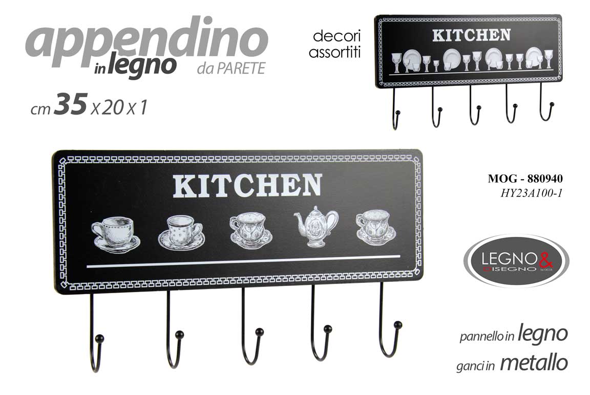 8025569880940 APPENDINO DA PARETE MURO Kitchen CUCINA LEGNO NERO GANCI METALLO ASSORT 35*20*1 - immagine 1