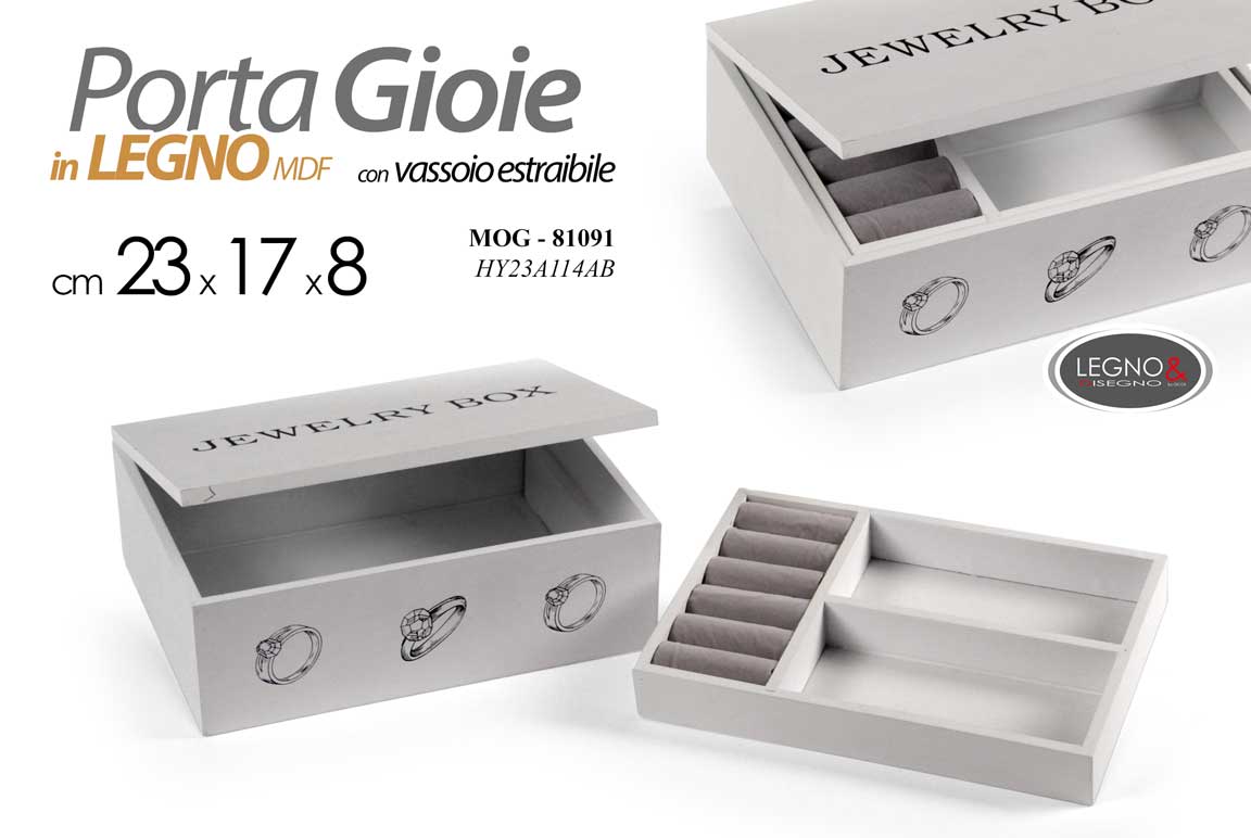 8025569881091 COFANETTO SCATOLA PORTA GIOIELLI GIOIE LEGNO BIANCO MDF DECO VARI 23*17*8 cm - immagine 1
