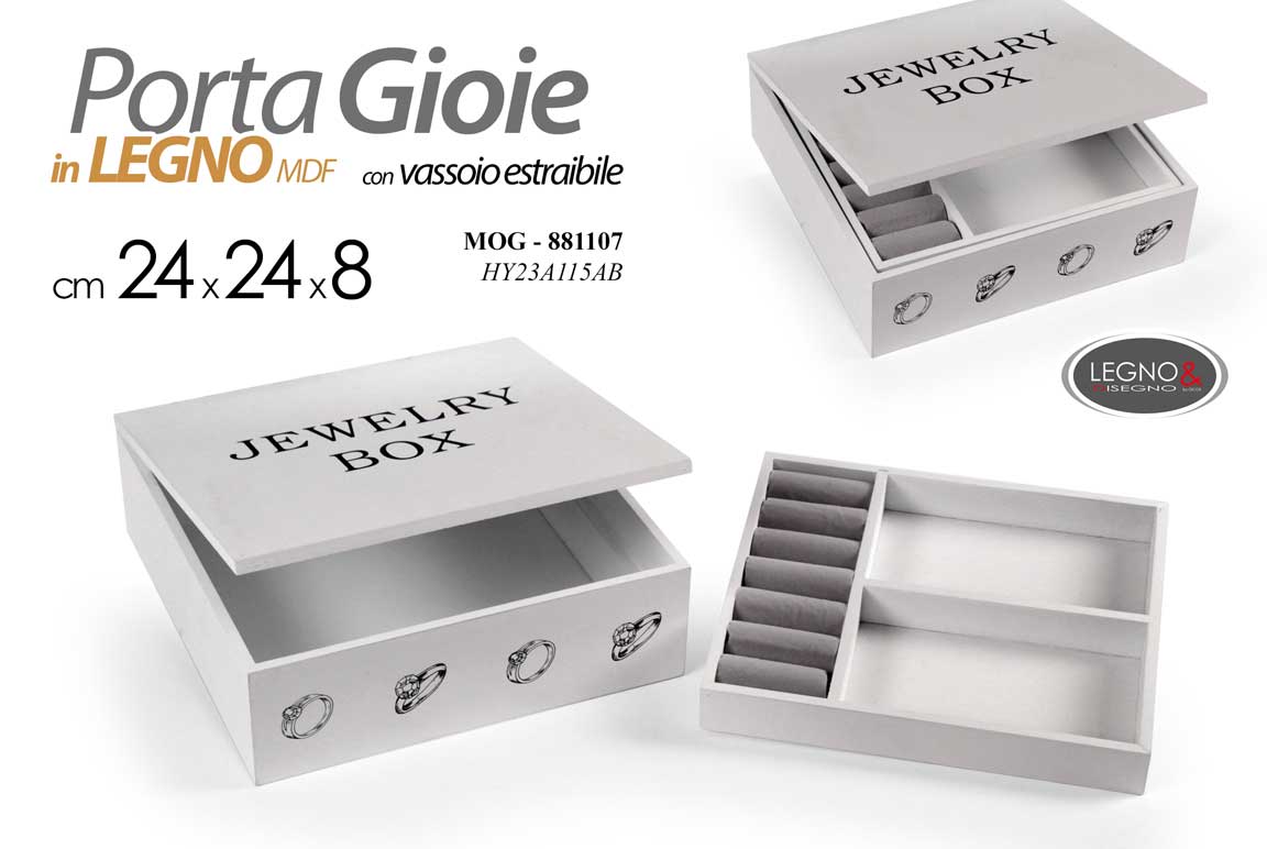 8025569881107 COFANETTO SCATOLA PORTA GIOIE GIOIELLI LEGNO BIANCO MDF DECO VARI 24*24*8cm - immagine 1