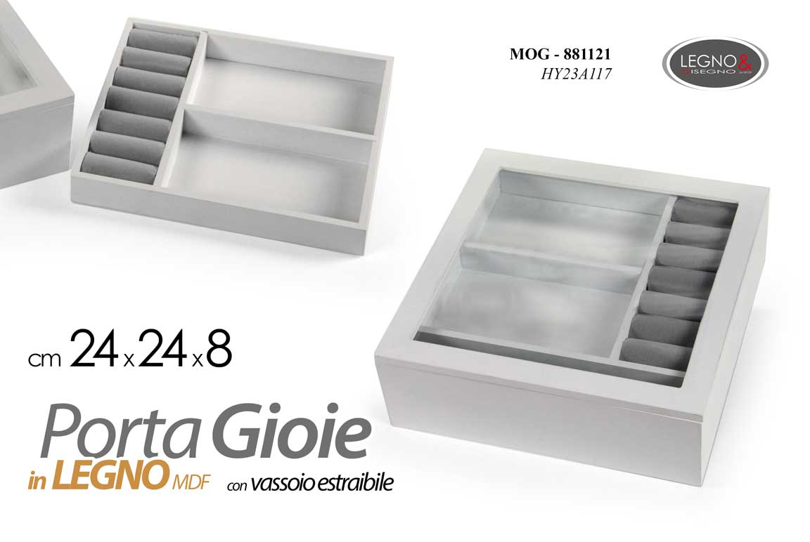 8025569881121 COFANETTO SCATOLA PORTA GIOIE GIOIELLI LEGNO CON VASSOIO ESTRAIBILE VARI 24*24*8 - immagine 1