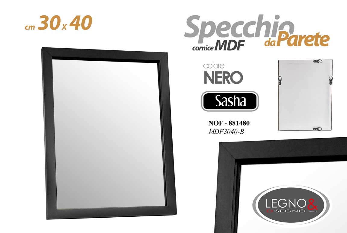 8025569881480 SPECCHIO DA PARETE CORNICE NERA LEGNO MDF MURO CLASSICO MODERNO 40*30 cm - immagine 1