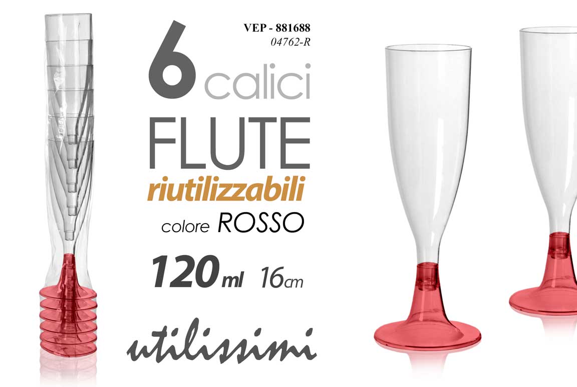 8025569881688 6 Calici flute spumante prosecco buffet feste plastica trasparente rosso 16 cm - immagine 1